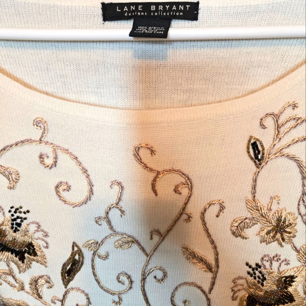 Lane Bryant Cream Floral Embroidered Sweater